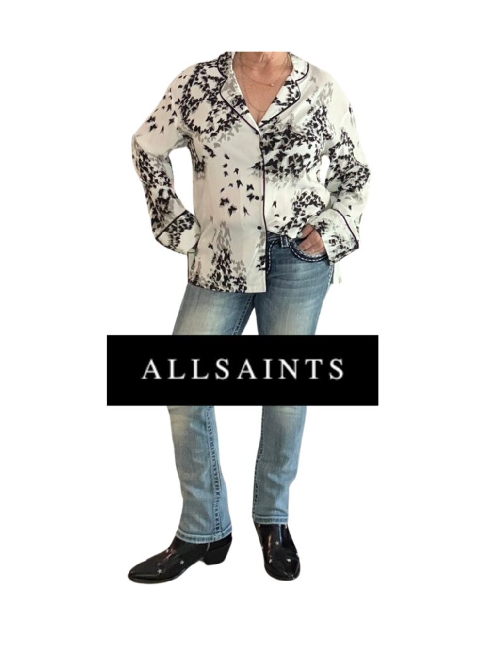 All Saints Women Medium Safi Orsino Pajama Shirt White Black Skull